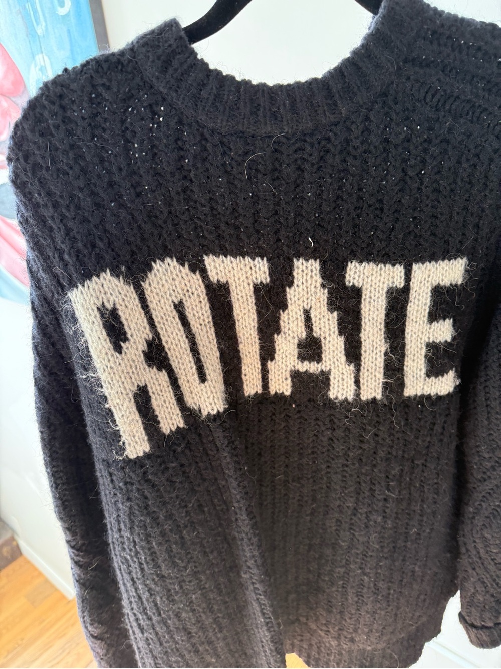 Black Crewneck Sweater with Cream 'ROTATE' Intarsia